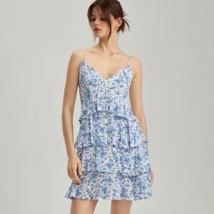 Wiskozowa sukienka mini z falbankami w niebieskie kwiaty House