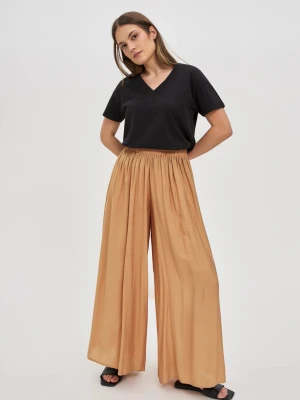 Wiskozowe spodnie z szerokimi nogawkami beżowe Moodo
