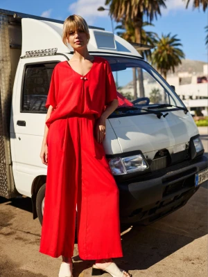 Wiskozowe spodnie z szerokimi nogawkami czerwone Moodo