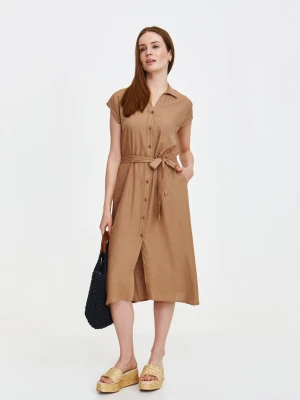 Wiskozowo-lniana sukienka koszulowa w kolorze beżowym Top Secret