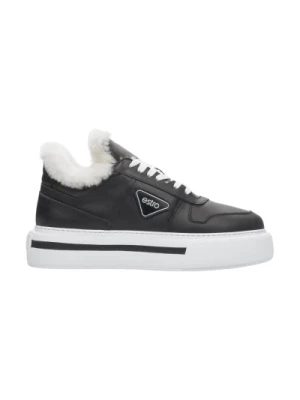 Women's Black Leather Low-Top Sneakers with Fur Lining for Winter Estro Er00111980 Estro
