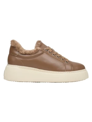 Womens Brown Leather Fur Low-Top Sneakers for Winter Estro Er00112116 Estro
