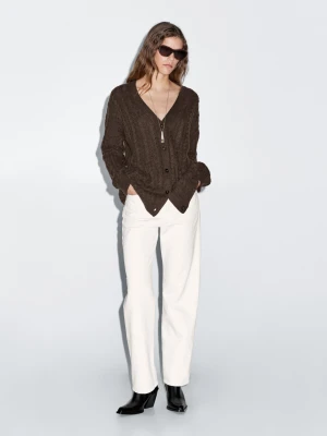 Wool Blend Cable Knit Cardigan - Czekoladowy - - Massimo Dutti - Female