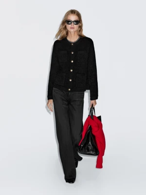 Wool Blend Cardigan With Gold Buttons - Czarny - - Massimo Dutti - Female