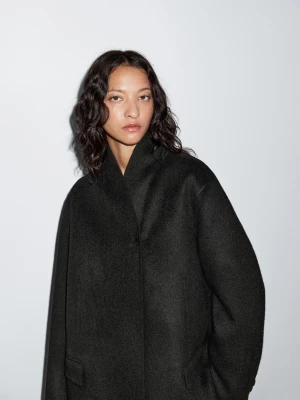 Wool Blend High-Neck Coat - Czarny - - Massimo Dutti - Female