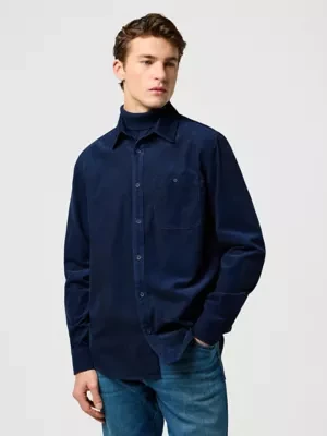 Wrangler Regular 1 Pocket Corduroy Shirt Navy Size