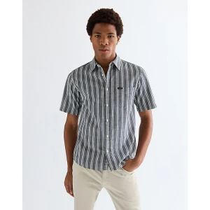 Wrangler Regular Short Sleeve Chambray Shirt Dark Stripe Size