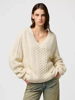 Wrangler Relaxed V Neck Cable Knit Ivory Size