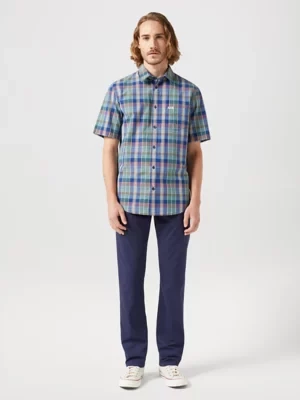 Wrangler Short Sleeve 1 Pocket Shirt Blue Madaras Size