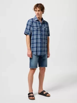 Wrangler Short Sleeve Western Shirt Light Blue Indigo Size