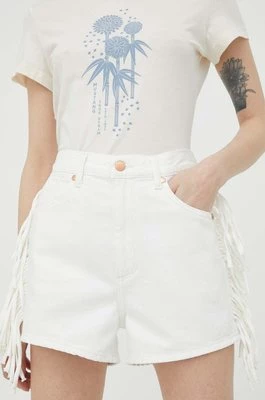 Wrangler szorty jeansowe Fringed Festival damskie kolor biały gładkie high waist