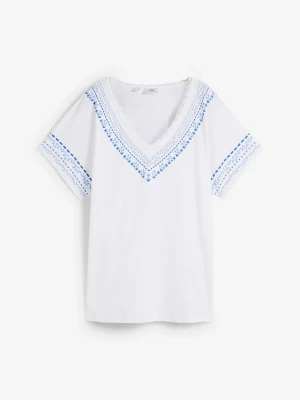 Wygodny t-shirt z haftowym nadrukiem, z bawełny organicznej BonPrix biały