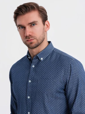 Wzorzysta męska koszula z cienkiego jeansu z kieszonką – niebieska V2 - Rozmiar: XXL Ombre Clothing