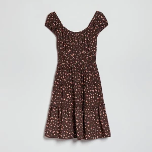 Wzorzysta sukienka mini z falbanami brązowa House