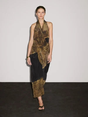 Wzorzysta Sukienka Średniej Długości Z Dekoltem Halter - Ciemnoniebieski - - Massimo Dutti - Female