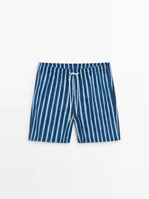 Wzorzyste Szorty Kąpielowe W Trójkolorowe Paski - Błękit Królewski - Massimo Dutti - Male