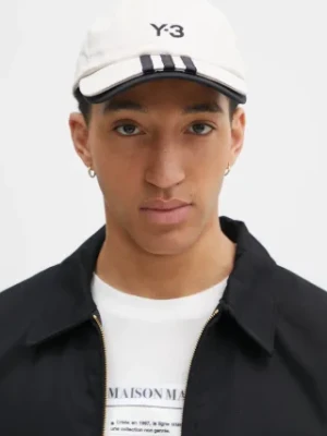 Y-3 czapka z daszkiem bawełniana Stripes Double Brim Cap kolor beżowy z aplikacją JM9041