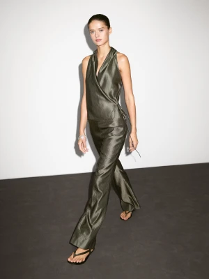 Żakardowe Spodnie O Rozszerzanym Kroju Ze Średnim Stanem - Zielony - - Massimo Dutti - Female