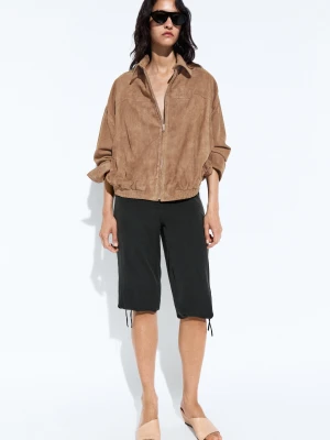 Zamszowa Kurtka Bomberka - Szary Mysi - Massimo Dutti - Female
