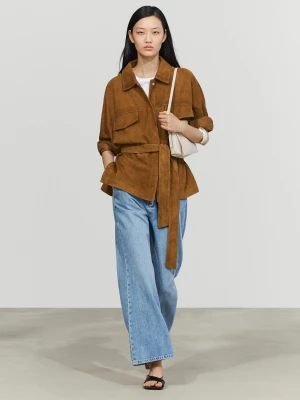 Zamszowa Kurtka Skórzana - Ciemny Camel - Massimo Dutti - Female