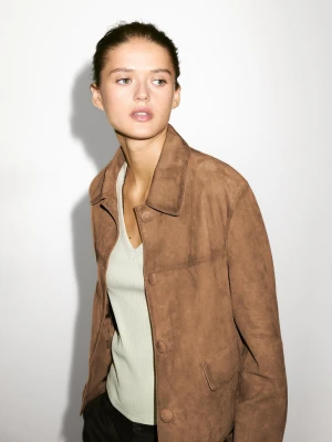 Zamszowa Kurtka Skórzana Z Oblekanymi Guzikami - Mokka - - Massimo Dutti - Kobieta