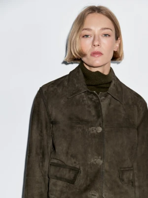 Zamszowa Kurtka Skórzana Z Oblekanymi Guzikami - Zielony - - Massimo Dutti - Kobieta