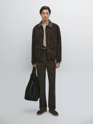 Zamszowa Kurtka Skórzana Z Ozdobnym Kołnierzykiem - Czekoladowy - - Massimo Dutti - Mężczyzna