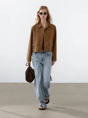 Zamszowa Kurtka Skórzana Z Oblekanymi Guzikami - Mokka - - Massimo Dutti - Kobieta