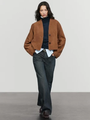 Zamszowa Kurtka Z Dekoltem W Serek - Wielbłądzi - Massimo Dutti - Female