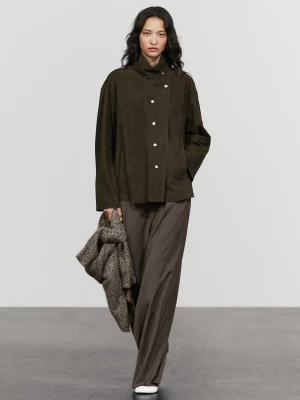 Skórzana Kurtka Z Golfem I Zamszem - Khaki - Massimo Dutti - Female