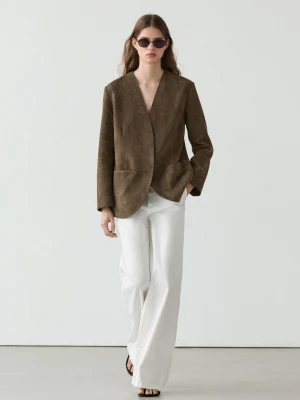 Zamszowa Marynarka Skórzana - Szarobrązowy - Massimo Dutti - Female
