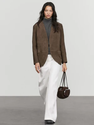 Zamszowa Marynarka Skórzana - Szarobrązowy - Massimo Dutti - Female