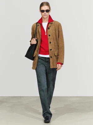 Zamszowa Marynarka Skórzana Z Klapami - Piaskowy - Massimo Dutti - Female