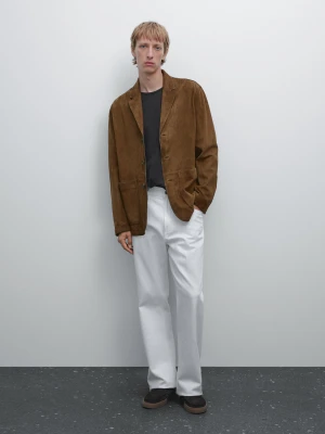 Zamszowa Marynarka Skórzana Ze Stebnowaniem - Brązowy - - Massimo Dutti - Mężczyzna