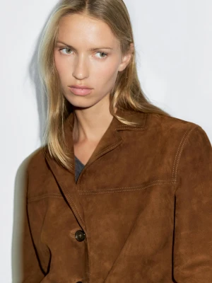 Zamszowa Marynarka Skórzana Ze Stebnowaniem - Koniakowy - - Massimo Dutti - Kobieta