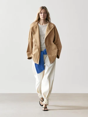 Skórzana Zamszowa Kurtka Oversize - Piaskowy - Xs-S - Massimo Dutti - Kobieta