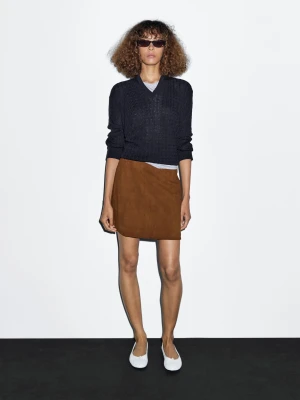 Zamszowa Spódnica Mini Ze Skóry Nappa Ze Stebnowaniem - Koniakowy - - Massimo Dutti - Kobieta
