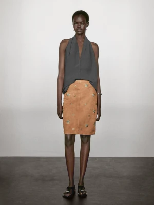 Zamszowa Spódnica Skórzana Ze Zdobieniami - Wielbłądzi - - Massimo Dutti - Kobieta