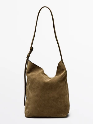 Zamszowa Torebka Typu Worek Z Efektem Postarzenia - Zielony Khaki - Massimo Dutti - Female