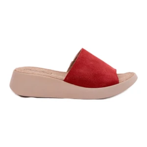 Zamszowe Klapki Damskie Na Koturnie Panto Fino RR267040 Czerwone
