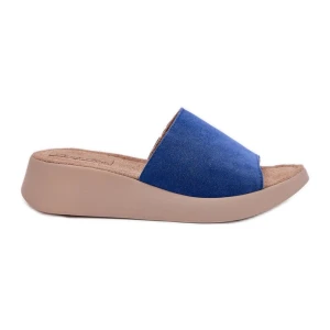 Zamszowe Klapki Damskie Na Koturnie Panto Fino RR267041 Niebieskie