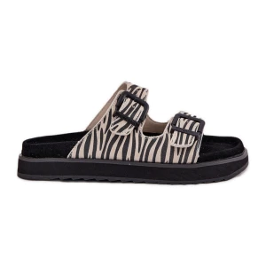 Zamszowe Klapki Damskie Z Klamrami D.Franklin DFSH405002 Zebra beżowy