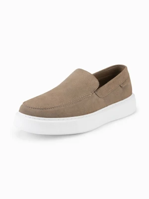 Zamszowe półbuty męskie slip on na grubej podeszwie – ciemnobeżowe V1 - Rozmiar: 43 Ombre Clothing