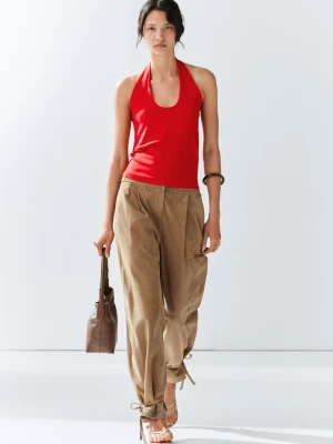 Zamszowe Spodnie Skórzane Z Wiązanym Dołem - Zielony - - Massimo Dutti - Female