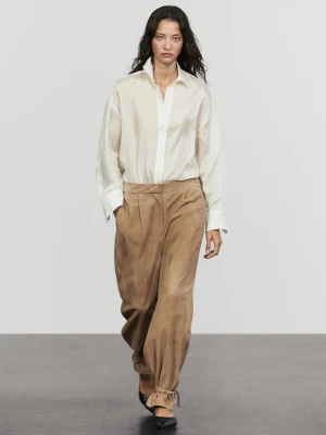 Zamszowe Spodnie Skórzane Z Wiązanym Dołem - Zielony - Massimo Dutti - Female