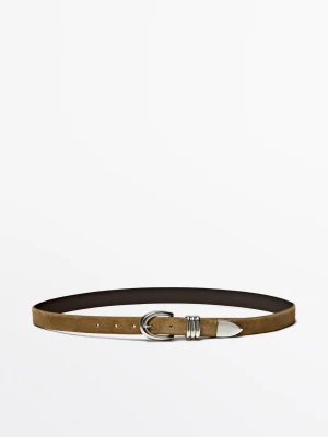 Skórzany Zamszowy Pasek Z Metalowym Detalem - Piaskowy - - Massimo Dutti - Kobieta