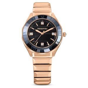 Zegarek, 37 mm, Swiss Made, Metalowa bransoleta, Czarny, Powłoka w odcieniu różowego złota Swarovski