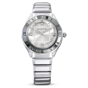 Zegarek, 37 mm, Swiss Made, Metalowa bransoleta, W odcieniu srebra, Stal szlachetna Swarovski
