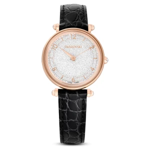 Zegarek Crystalline wonder, Swiss Made, Skórzany pasek, Czarny, Powłoka w odcieniu różowego złota Swarovski