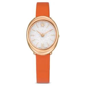 Zegarek Imber, Swiss Made, Skórzany pasek, Pomarańczowy, Powłoka w odcieniu różowego złota Swarovski